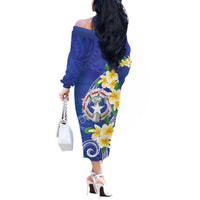 Northern Mariana Islands Chamorro Off The Shoulder Long Sleeve Dress Plumeria Curves Style Navy Version LT05 - Polynesian Pride