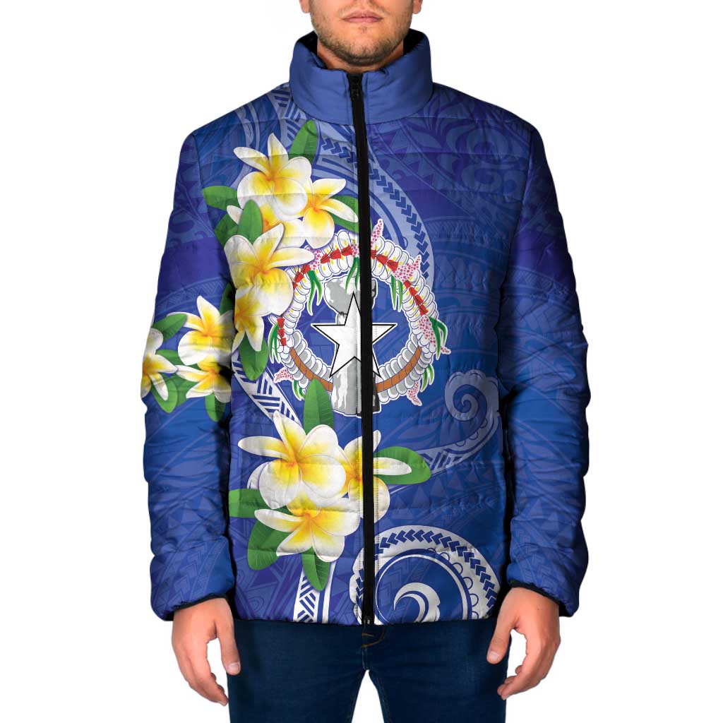 Northern Mariana Islands Chamorro Padded Jacket Plumeria Curves Style Navy Version LT05 Men Navy - Polynesian Pride