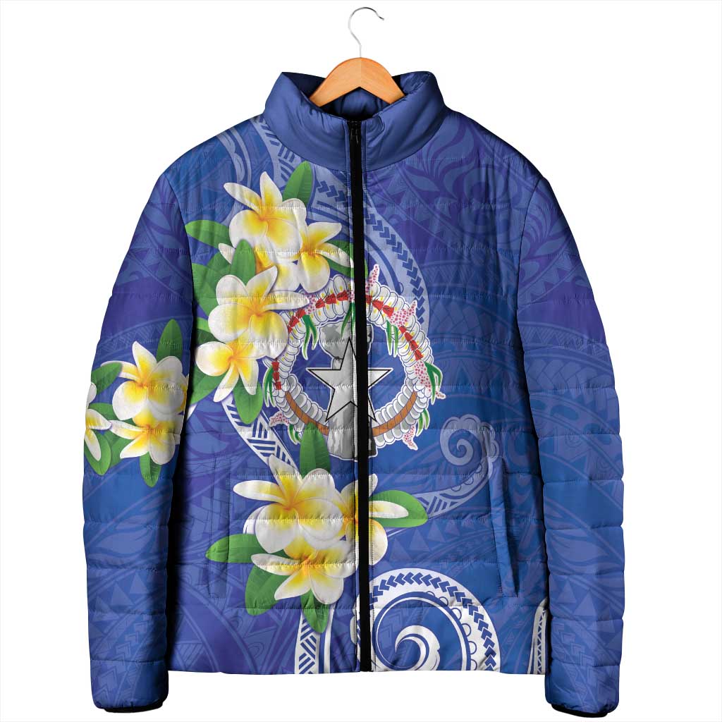 Northern Mariana Islands Chamorro Padded Jacket Plumeria Curves Style Navy Version LT05 - Polynesian Pride
