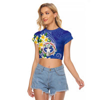Northern Mariana Islands Chamorro Raglan Cropped T Shirt Plumeria Curves Style Navy Version LT05 Female Navy - Polynesian Pride