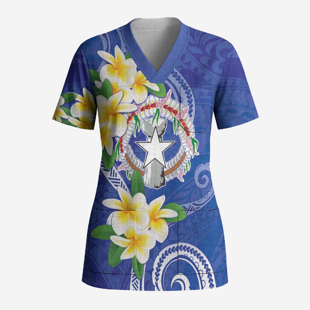 Northern Mariana Islands Chamorro Scrub Top Plumeria Curves Style Navy Version