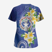 Northern Mariana Islands Chamorro Scrub Top Plumeria Curves Style Navy Version