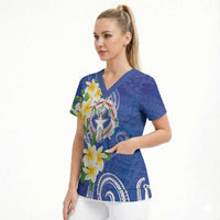 Northern Mariana Islands Chamorro Scrub Top Plumeria Curves Style Navy Version