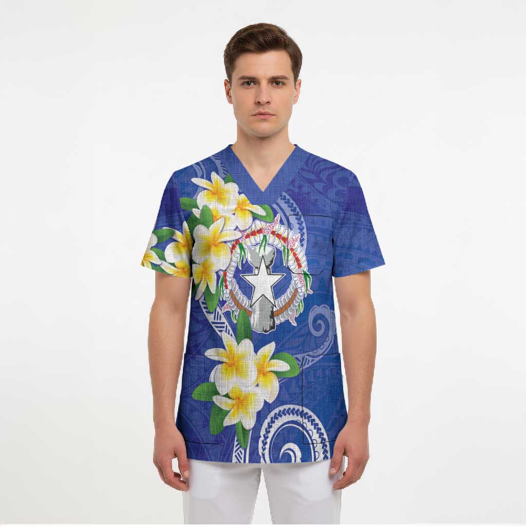 Northern Mariana Islands Chamorro Scrub Top Plumeria Curves Style Navy Version