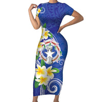 Northern Mariana Islands Chamorro Short Sleeve Bodycon Dress Plumeria Curves Style Navy Version LT05 Long Dress Navy - Polynesian Pride