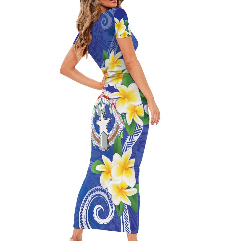 Northern Mariana Islands Chamorro Short Sleeve Bodycon Dress Plumeria Curves Style Navy Version LT05 - Polynesian Pride