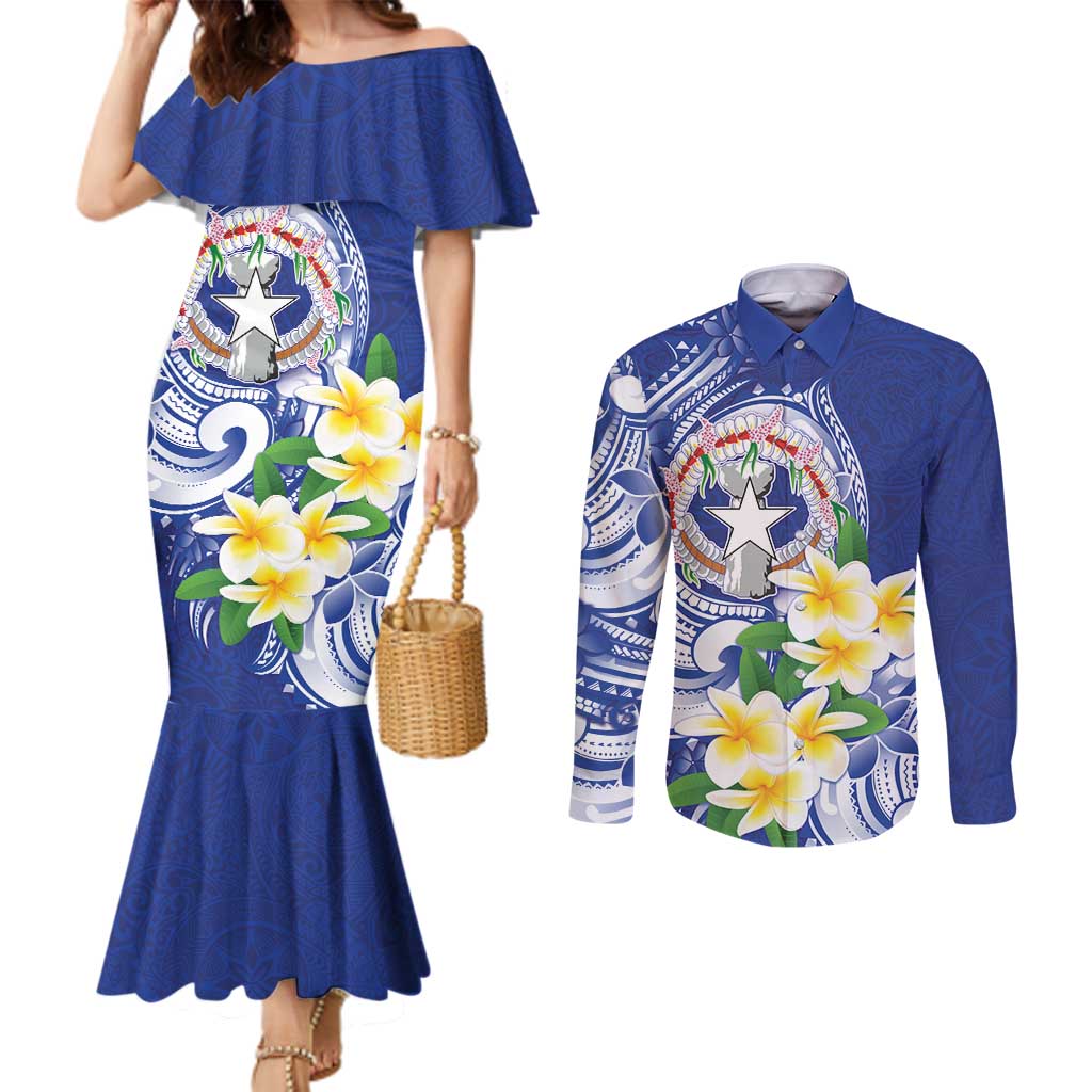 Northern Mariana Islands Couples Matching Mermaid Dress and Long Sleeve Button Shirt Polynesian Pattern With Frangipani