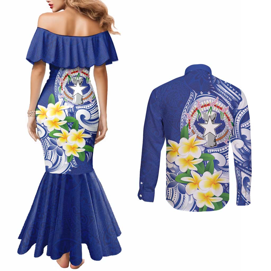 Northern Mariana Islands Couples Matching Mermaid Dress and Long Sleeve Button Shirt Polynesian Pattern With Frangipani LT05 - Polynesian Pride