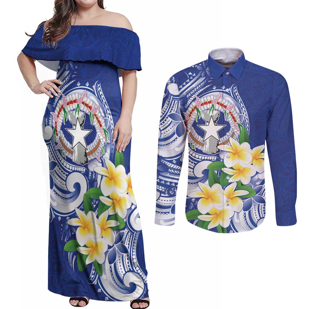 Northern Mariana Islands Couples Matching Off Shoulder Maxi Dress and Long Sleeve Button Shirt Polynesian Pattern With Frangipani