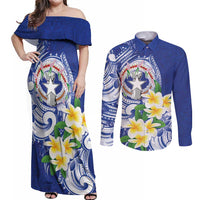 Northern Mariana Islands Couples Matching Off Shoulder Maxi Dress and Long Sleeve Button Shirt Polynesian Pattern With Frangipani