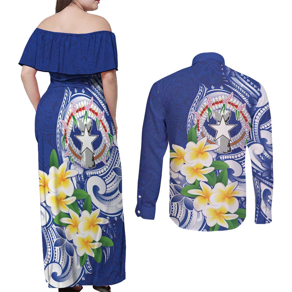 Northern Mariana Islands Couples Matching Off Shoulder Maxi Dress and Long Sleeve Button Shirt Polynesian Pattern With Frangipani
