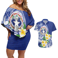 Northern Mariana Islands Couples Matching Off Shoulder Short Dress and Hawaiian Shirt Polynesian Pattern With Frangipani LT05 Navy - Polynesian Pride