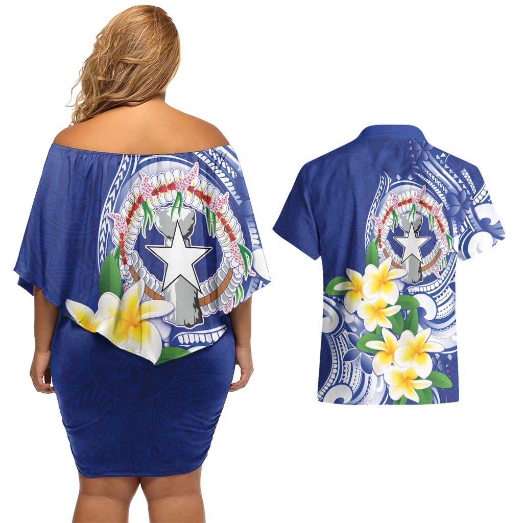 Northern Mariana Islands Couples Matching Off Shoulder Short Dress and Hawaiian Shirt Polynesian Pattern With Frangipani LT05 - Polynesian Pride