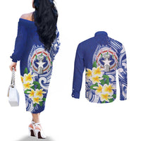 Northern Mariana Islands Couples Matching Off The Shoulder Long Sleeve Dress and Long Sleeve Button Shirt Polynesian Pattern With Frangipani LT05 - Polynesian Pride