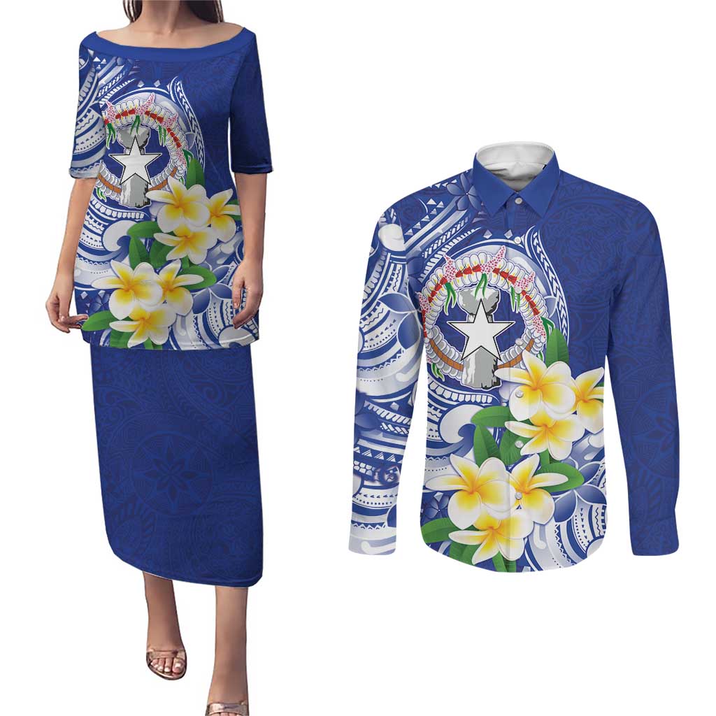 Northern Mariana Islands Couples Matching Puletasi and Long Sleeve Button Shirt Polynesian Pattern With Frangipani