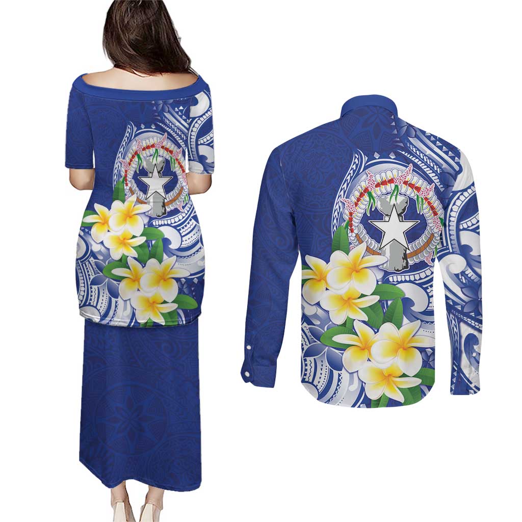 Northern Mariana Islands Couples Matching Puletasi and Long Sleeve Button Shirt Polynesian Pattern With Frangipani LT05 - Polynesian Pride