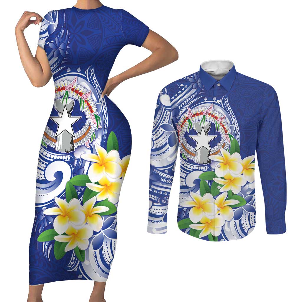 Northern Mariana Islands Couples Matching Short Sleeve Bodycon Dress and Long Sleeve Button Shirt Polynesian Pattern With Frangipani