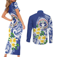 Northern Mariana Islands Couples Matching Short Sleeve Bodycon Dress and Long Sleeve Button Shirt Polynesian Pattern With Frangipani LT05 - Polynesian Pride