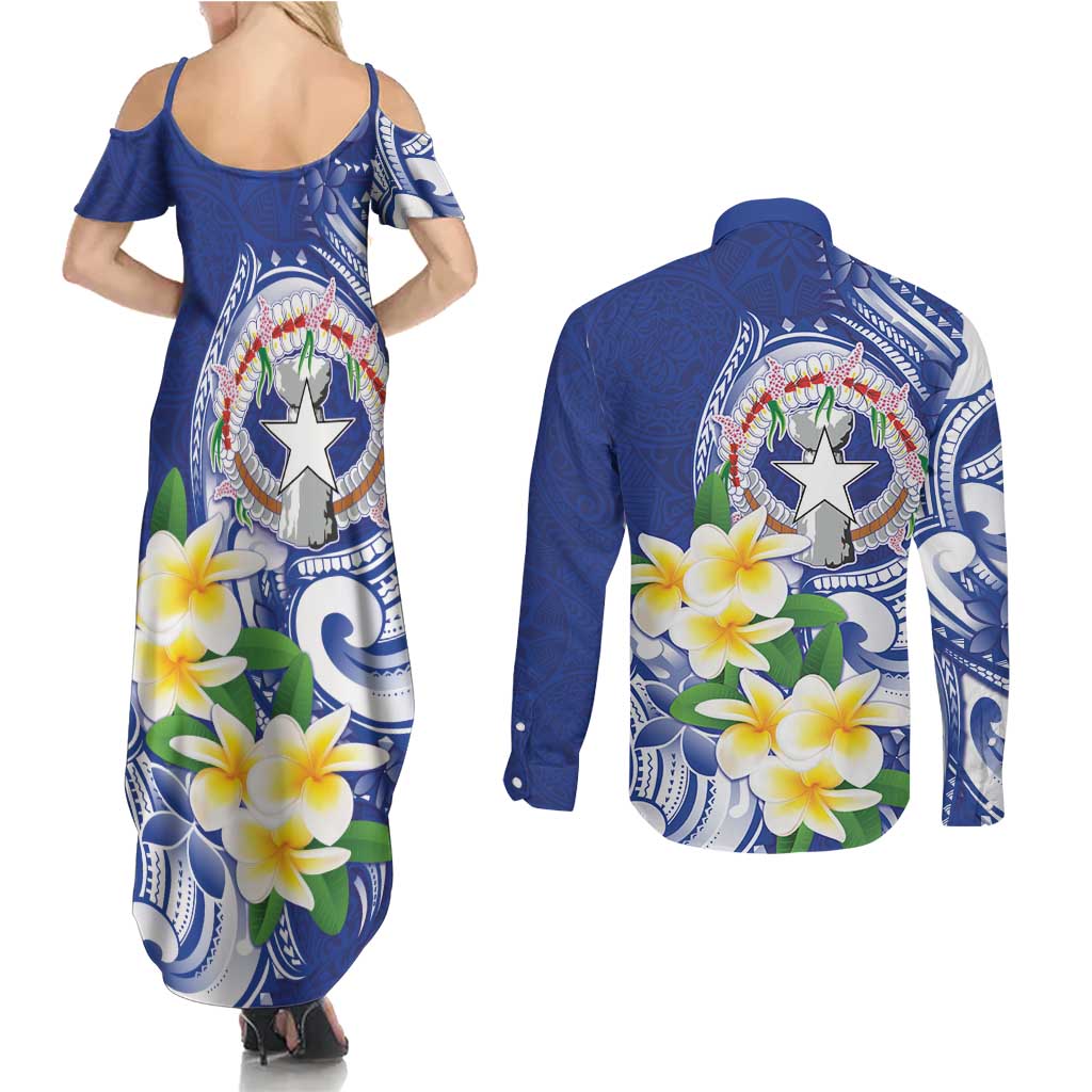 Northern Mariana Islands Couples Matching Summer Maxi Dress and Long Sleeve Button Shirt Polynesian Pattern With Frangipani LT05 - Polynesian Pride
