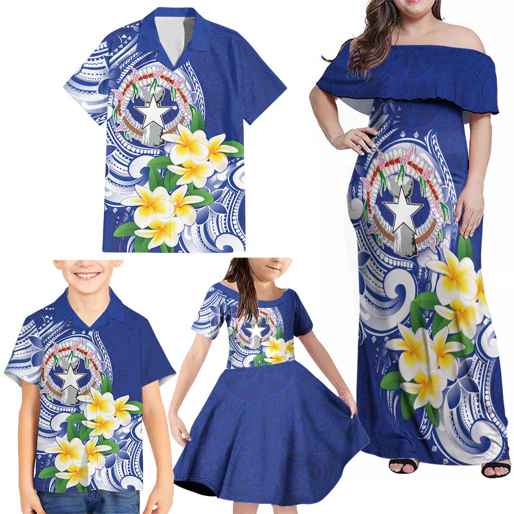 Northern Mariana Islands Family Matching Off Shoulder Maxi Dress and Hawaiian Shirt Polynesian Pattern With Frangipani