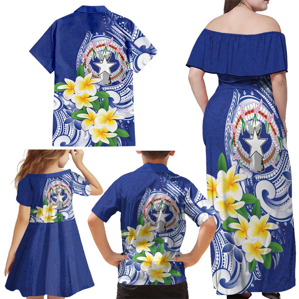 Northern Mariana Islands Family Matching Off Shoulder Maxi Dress and Hawaiian Shirt Polynesian Pattern With Frangipani