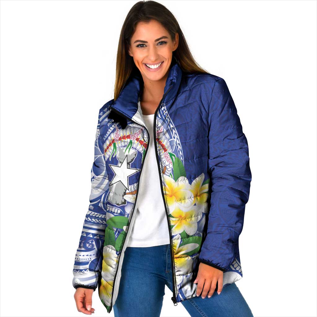 Northern Mariana Islands Padded Jacket Polynesian Pattern With Frangipani LT05 Women Navy - Polynesian Pride