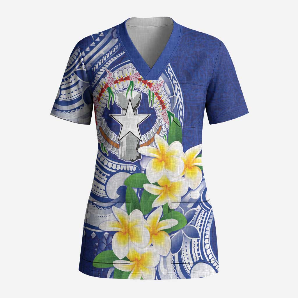 Northern Mariana Islands Scrub Top Polynesian Pattern With Frangipani