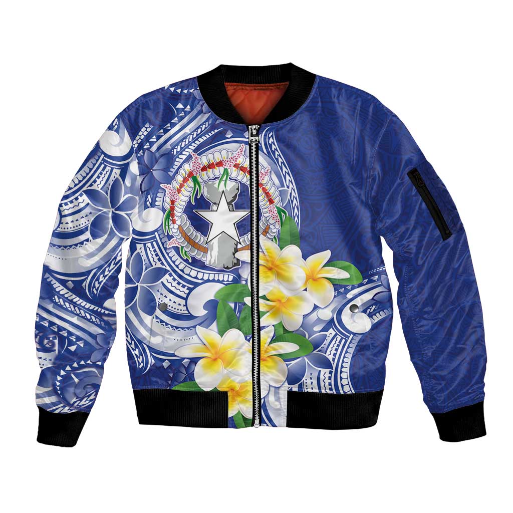 Northern Mariana Islands Sleeve Zip Bomber Jacket Polynesian Pattern With Frangipani LT05 Unisex Navy - Polynesian Pride