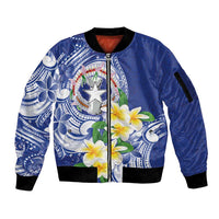 Northern Mariana Islands Sleeve Zip Bomber Jacket Polynesian Pattern With Frangipani LT05 Unisex Navy - Polynesian Pride