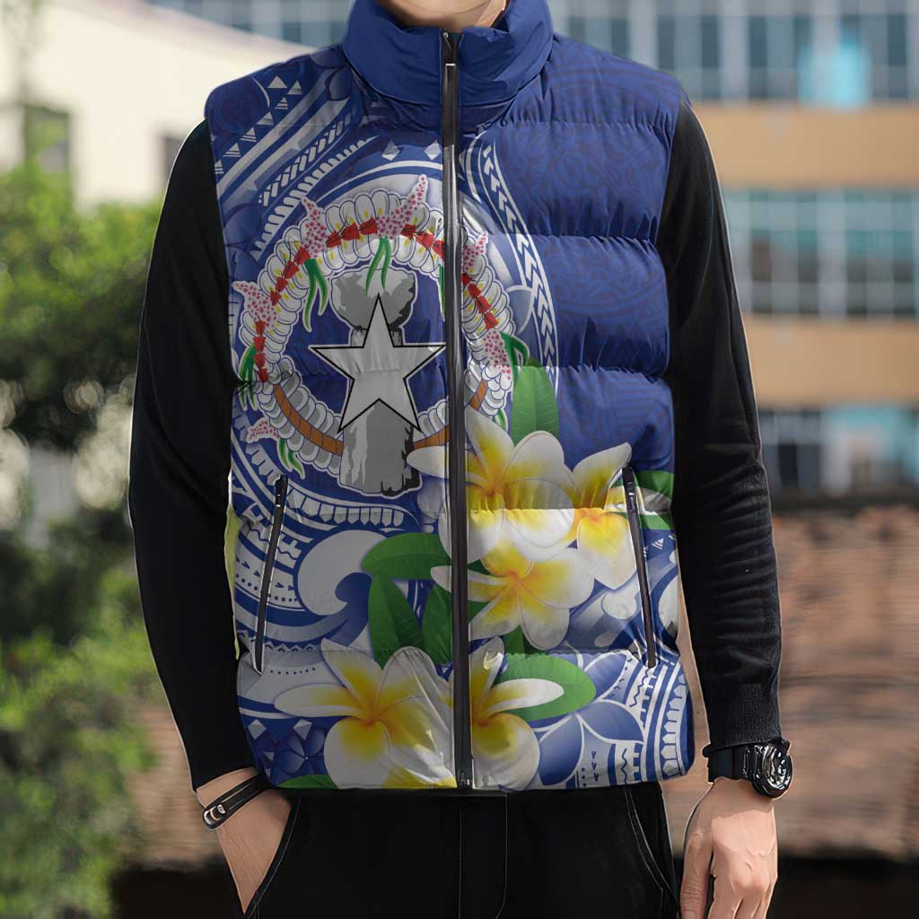 Northern Mariana Islands Sleeveless Puffer Jacket Polynesian Pattern With Frangipani LT05 - Polynesian Pride