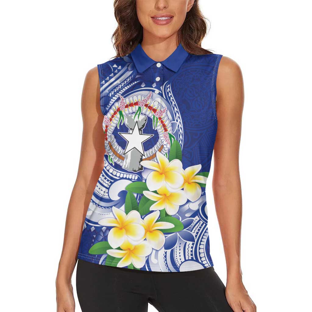 Northern Mariana Islands Women Sleeveless Polo Shirt Polynesian Pattern With Frangipani