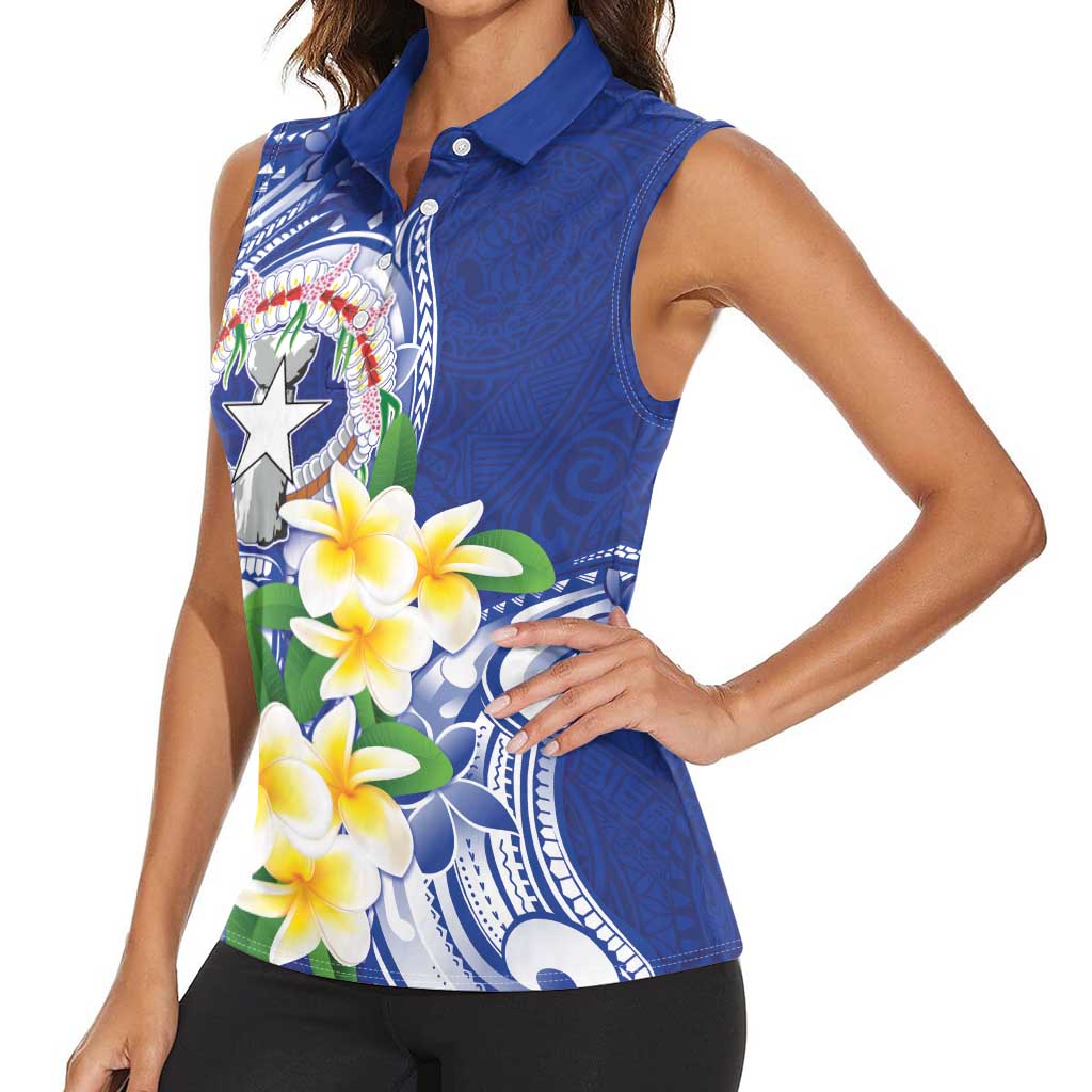 Northern Mariana Islands Women Sleeveless Polo Shirt Polynesian Pattern With Frangipani