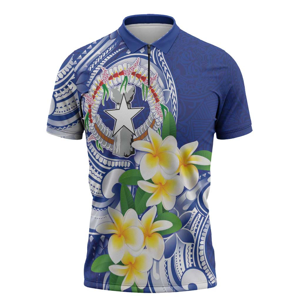 Northern Mariana Islands Zipper Polo Shirt Polynesian Pattern With Frangipani