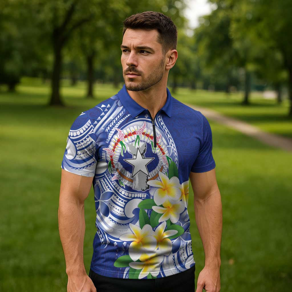 Northern Mariana Islands Zipper Polo Shirt Polynesian Pattern With Frangipani