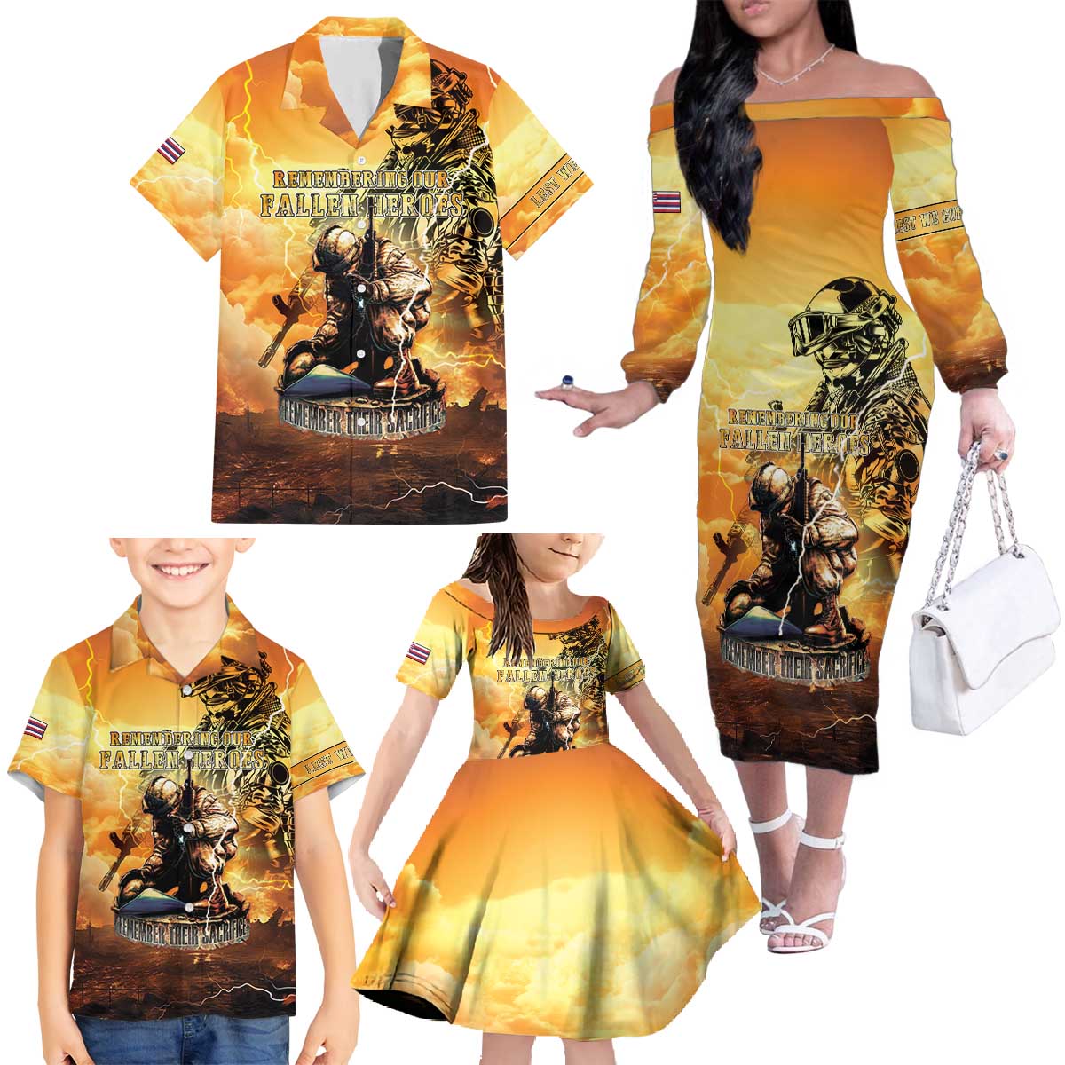 Hawaii Memorial Day Family Matching Off The Shoulder Long Sleeve Dress and Hawaiian Shirt Remember Their Sacrifice