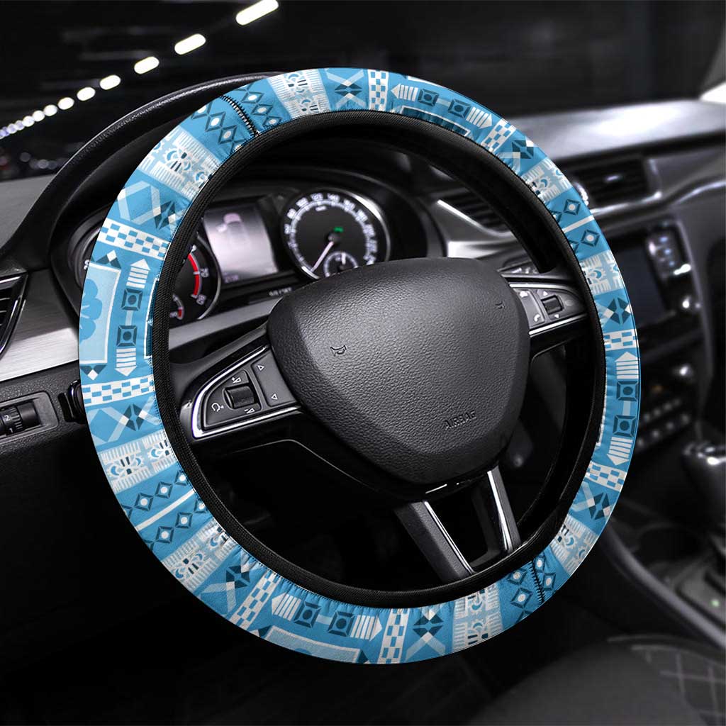 Fiji 679 Constitution Day Steering Wheel Cover Fijian Tapa Pattern LT05 Universal Fit Blue - Polynesian Pride
