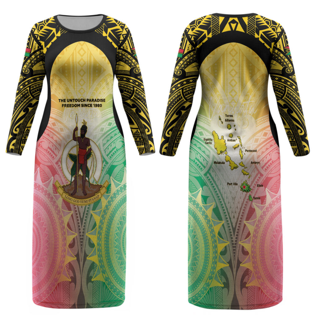 Vanuatu Independence Day Couples Matching Long Sleeve Bodycon Dress and Hawaiian Shirt The Untouched Paradise LT05 - Polynesian Pride