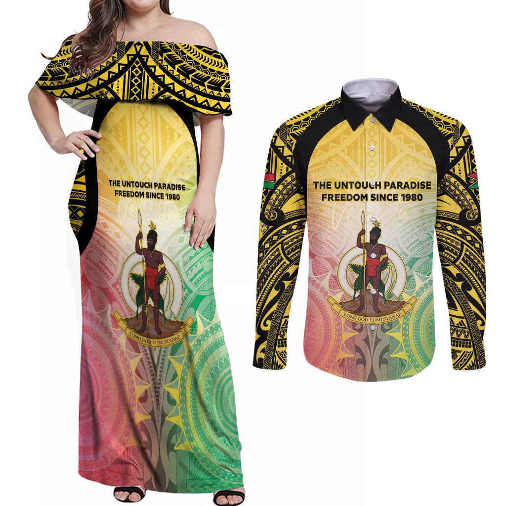 Vanuatu Independence Day Couples Matching Off Shoulder Maxi Dress and Long Sleeve Button Shirt The Untouched Paradise LT05 Colorful - Polynesian Pride