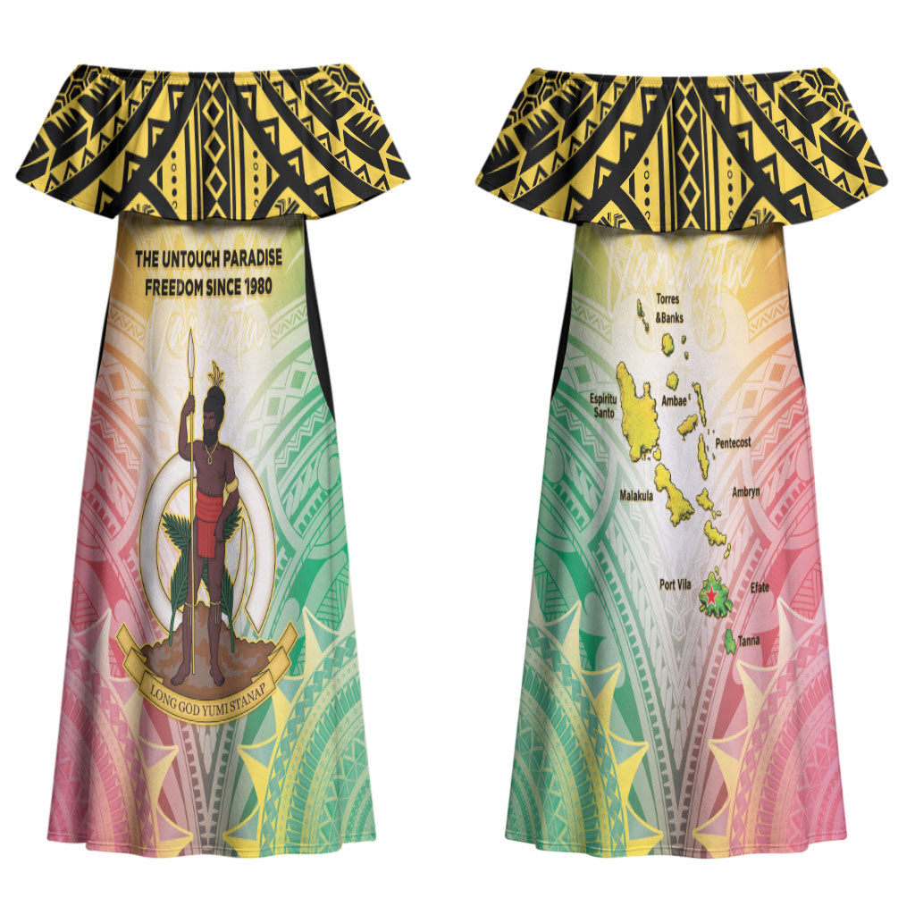 Vanuatu Independence Day Couples Matching Off Shoulder Maxi Dress and Long Sleeve Button Shirt The Untouched Paradise LT05 - Polynesian Pride