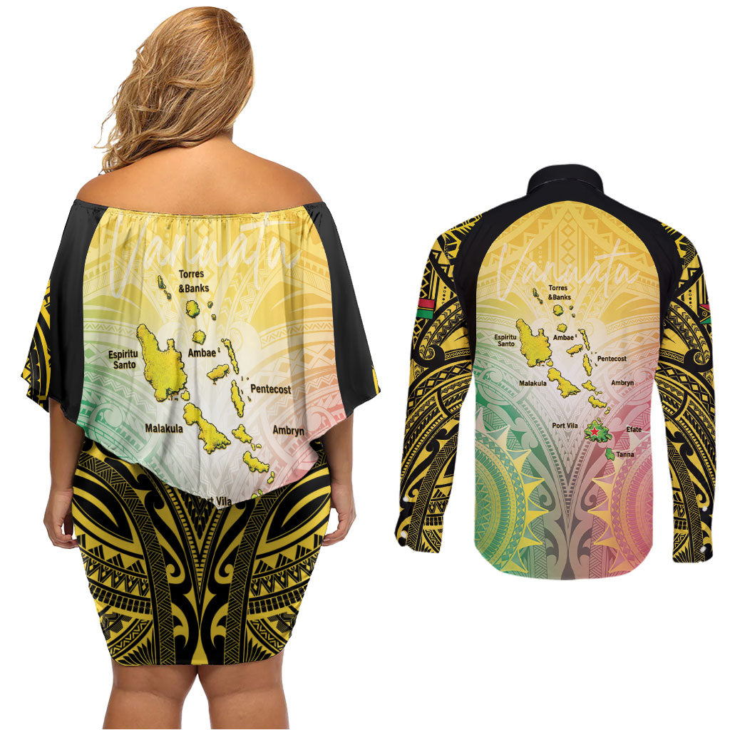 Vanuatu Independence Day Couples Matching Off Shoulder Short Dress and Long Sleeve Button Shirt The Untouched Paradise