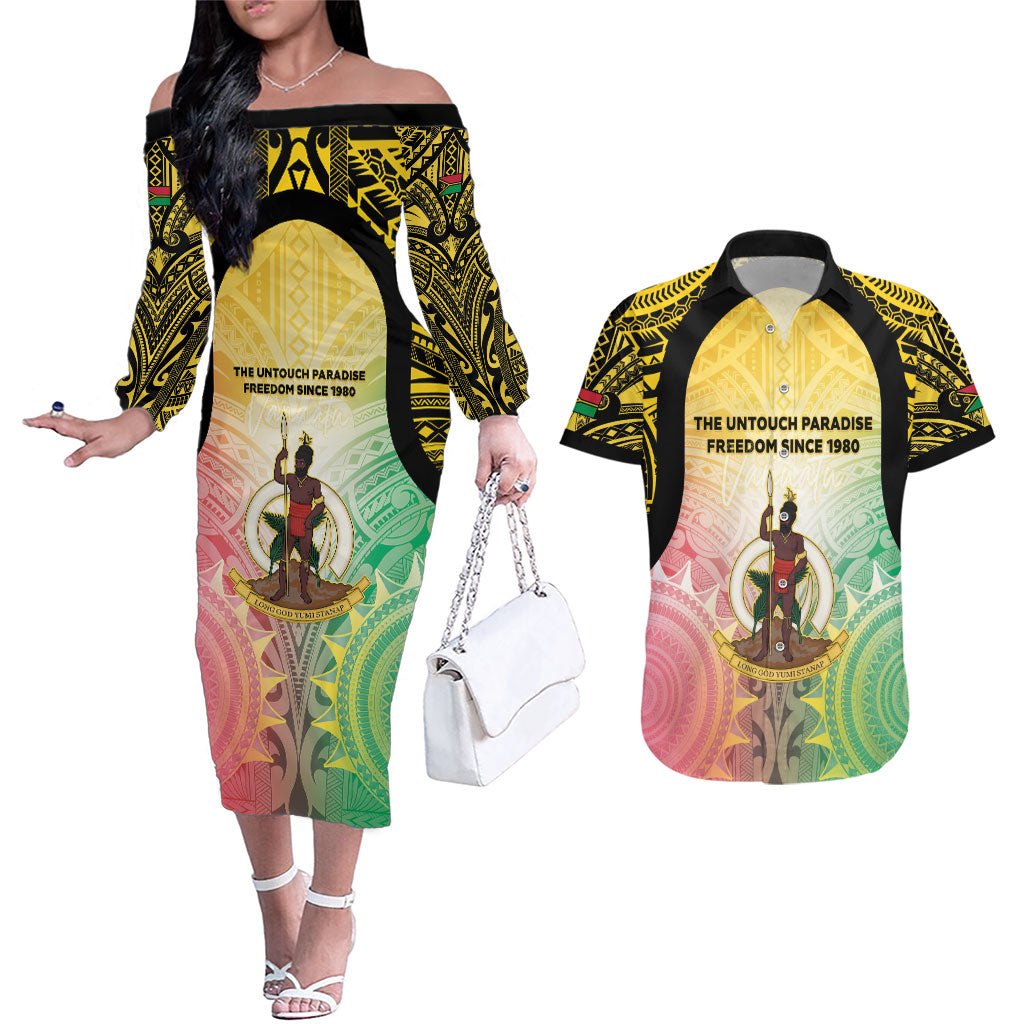 Vanuatu Independence Day Couples Matching Off The Shoulder Long Sleeve Dress and Hawaiian Shirt The Untouched Paradise LT05 Colorful - Polynesian Pride