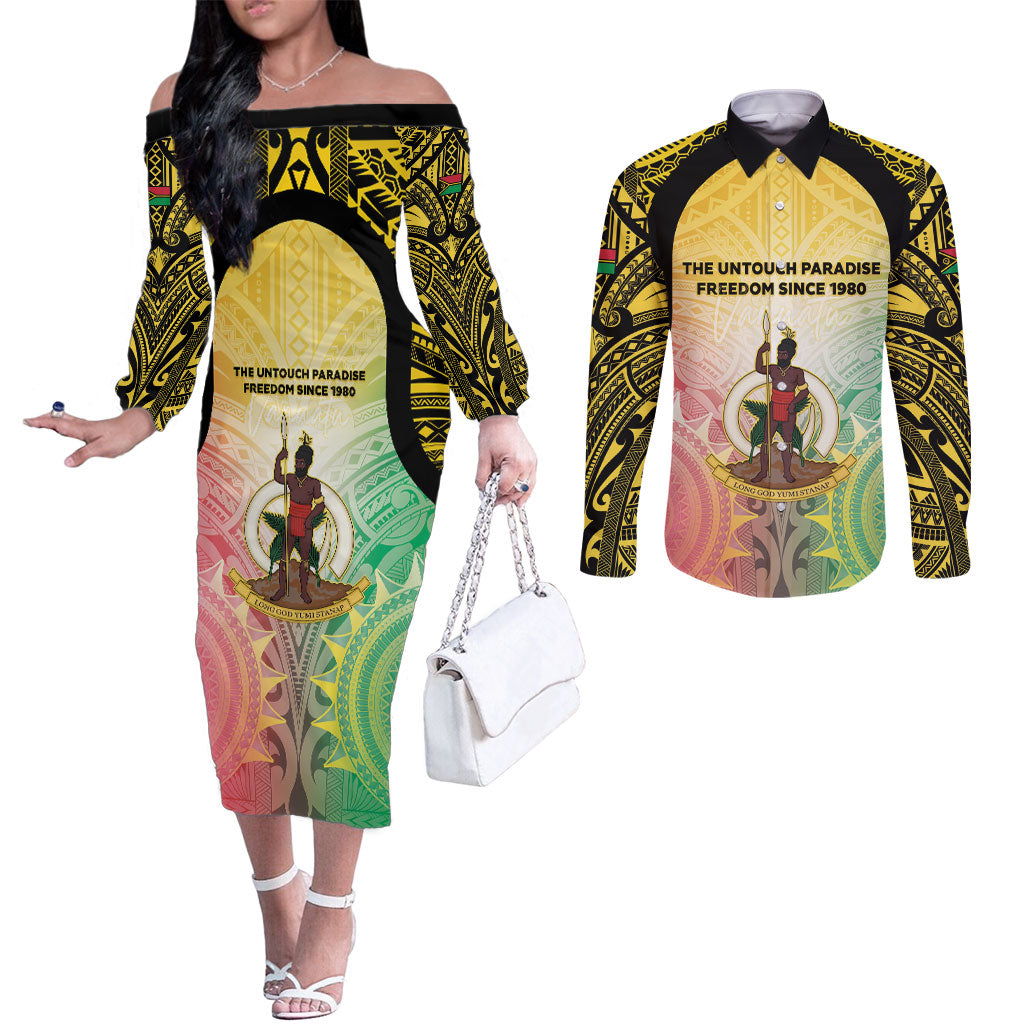 Vanuatu Independence Day Couples Matching Off The Shoulder Long Sleeve Dress and Long Sleeve Button Shirt The Untouched Paradise LT05 Colorful - Polynesian Pride