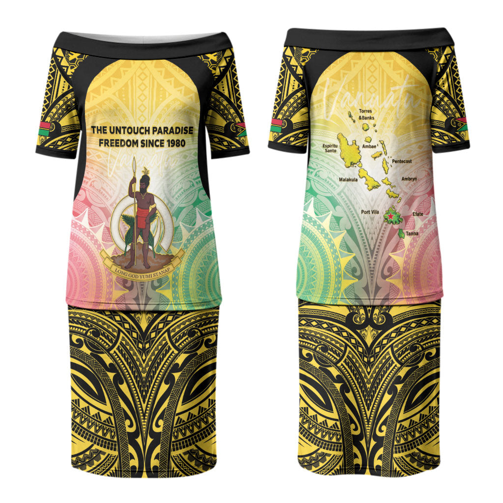Vanuatu Independence Day Couples Matching Puletasi and Long Sleeve Button Shirt The Untouched Paradise LT05 - Polynesian Pride