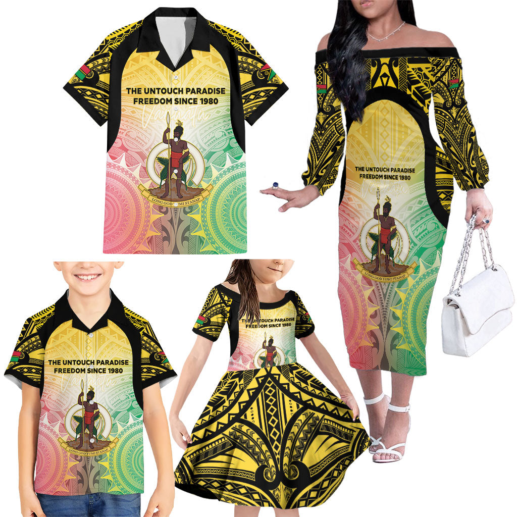 Vanuatu Independence Day Family Matching Off The Shoulder Long Sleeve Dress and Hawaiian Shirt The Untouched Paradise LT05 - Polynesian Pride