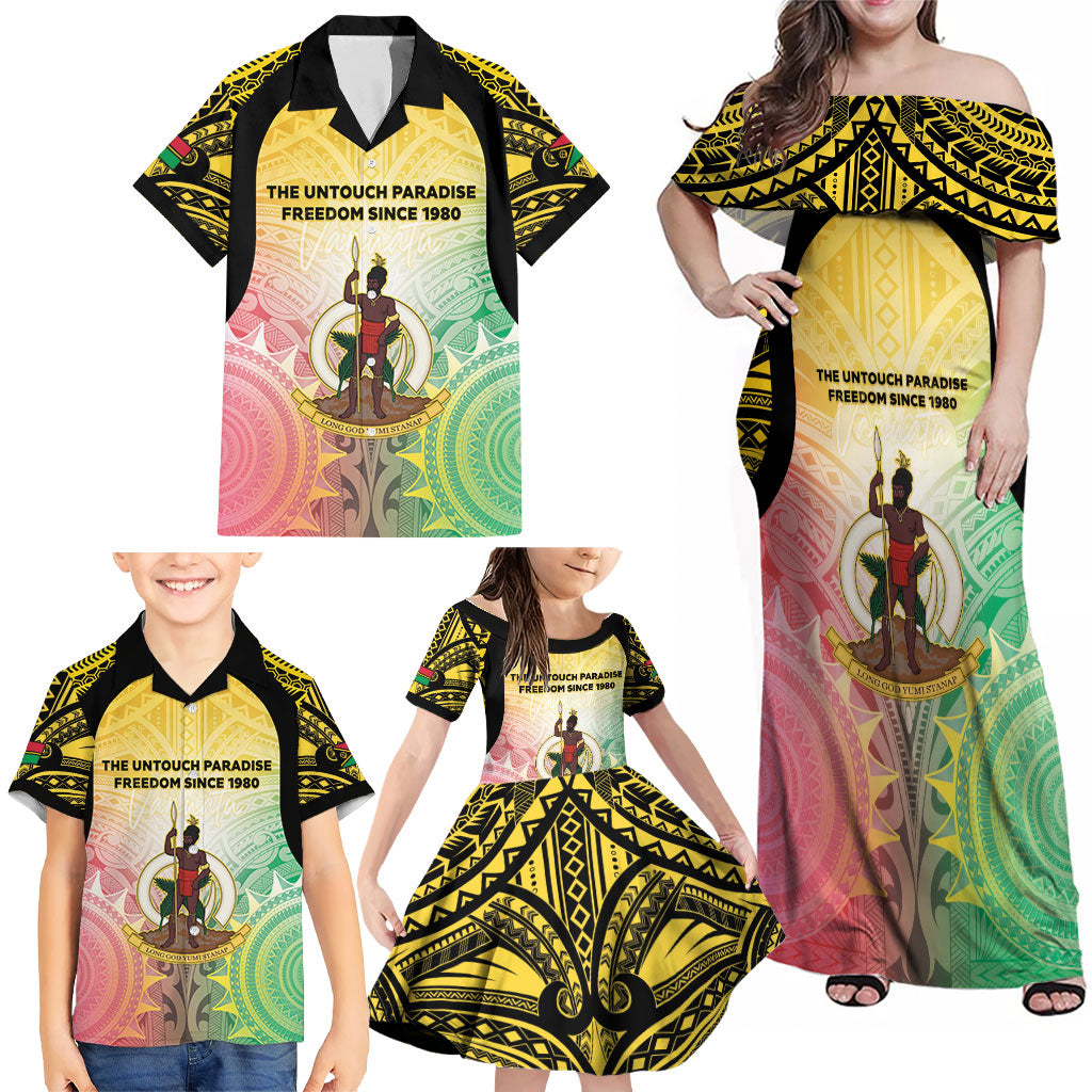 Vanuatu Independence Day Family Matching Off Shoulder Maxi Dress and Hawaiian Shirt The Untouched Paradise LT05 - Polynesian Pride