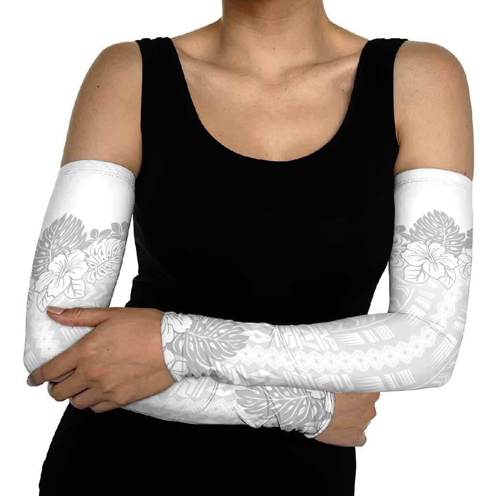 Samoa Lotu Tamaiti Arm Sleeves White Sunday Polynesian Pattern With Tropical Flowers - Polynesian Pride