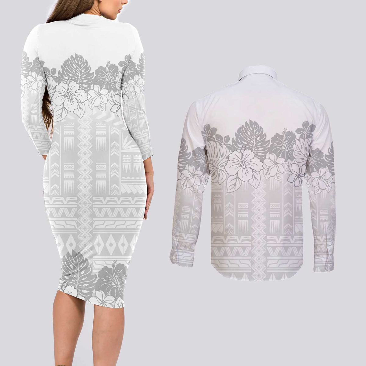 Samoa Lotu Tamaiti Couples Matching Long Sleeve Bodycon Dress and Long Sleeve Button Shirt White Sunday Polynesian Pattern With Tropical Flowers