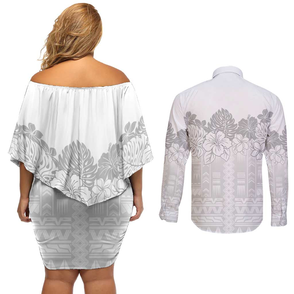 Samoa Lotu Tamaiti Couples Matching Off Shoulder Short Dress and Long Sleeve Button Shirt White Sunday Polynesian Pattern With Tropical Flowers