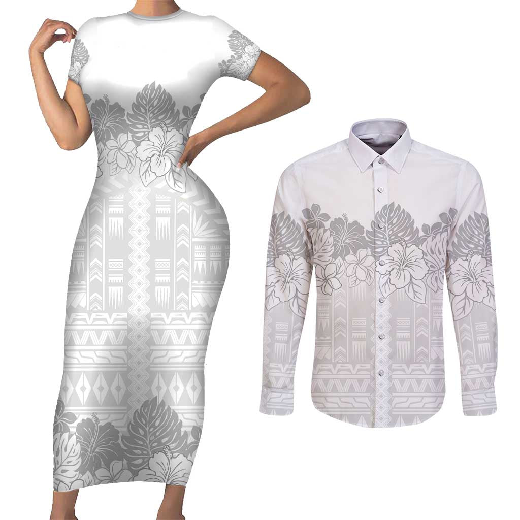 Samoa Lotu Tamaiti Couples Matching Short Sleeve Bodycon Dress and Long Sleeve Button Shirt White Sunday Polynesian Pattern With Tropical Flowers