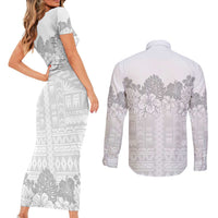 Samoa Lotu Tamaiti Couples Matching Short Sleeve Bodycon Dress and Long Sleeve Button Shirt White Sunday Polynesian Pattern With Tropical Flowers